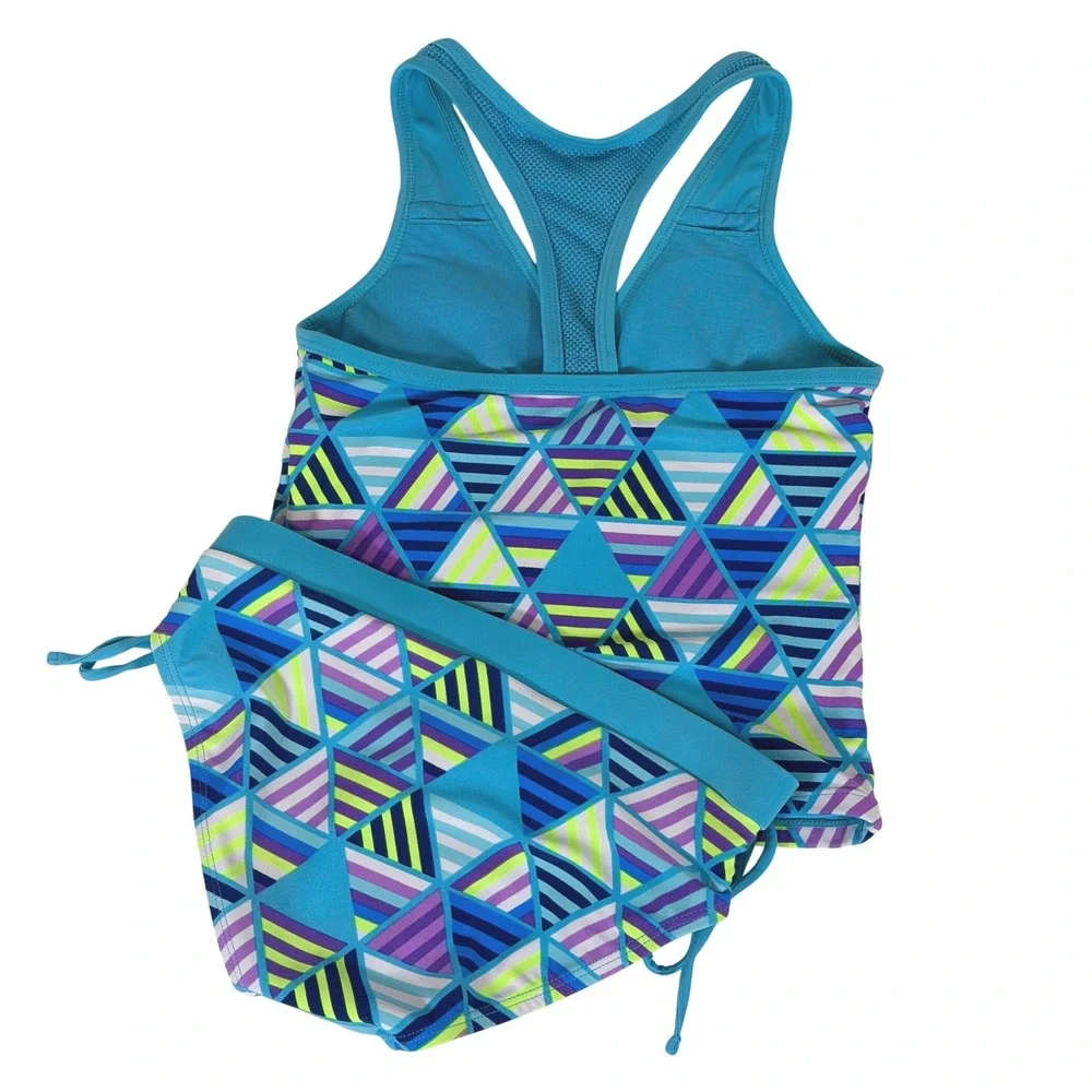 Justice Girls Blue Geometric Triangle Racerback Tankini Two Piece Swimsuit Sz 10